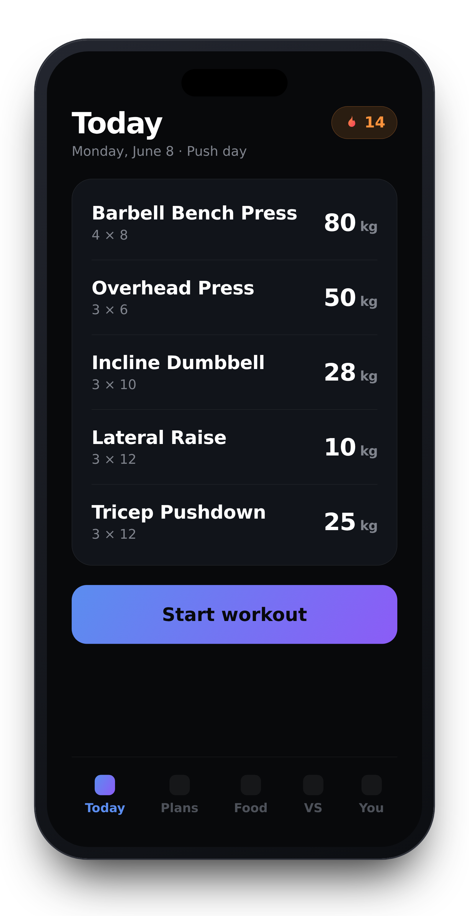 Today screen showing the day's workout